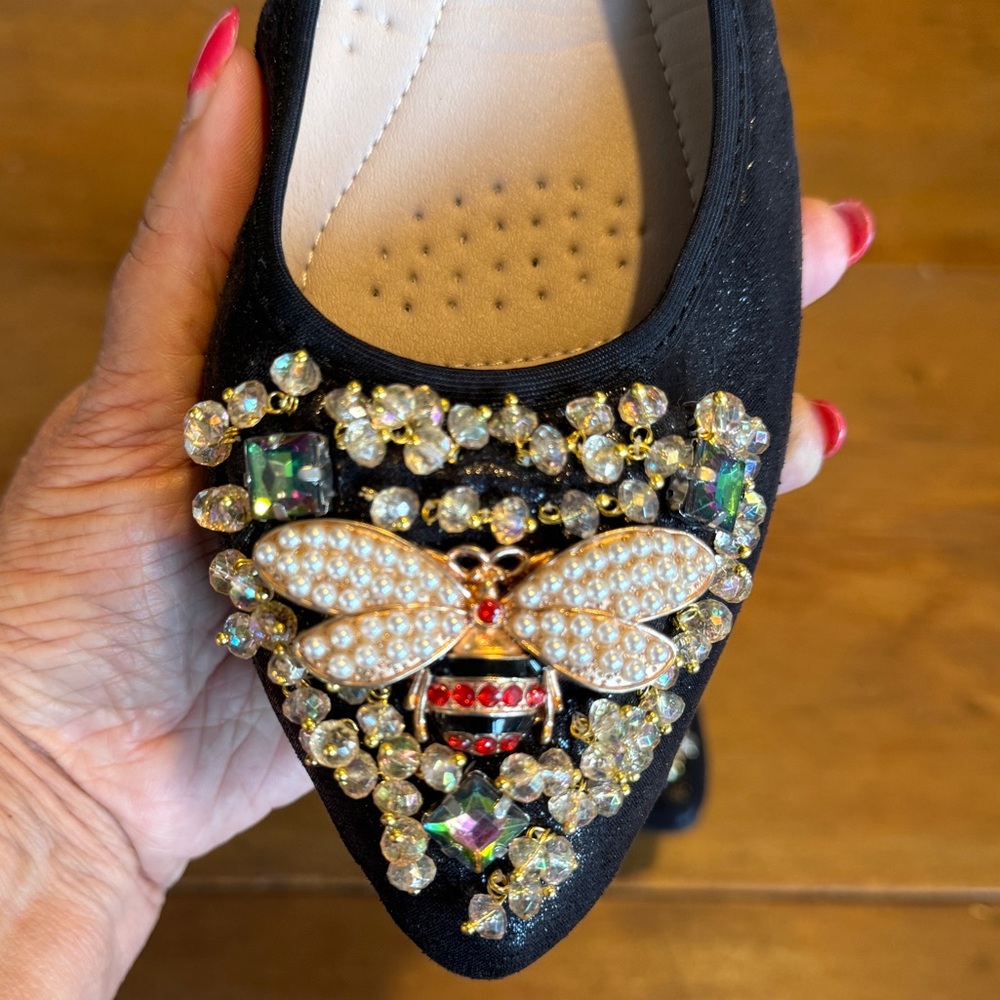Bee Adorned Black Ballet Flats with Rhinestones US Size 9.5